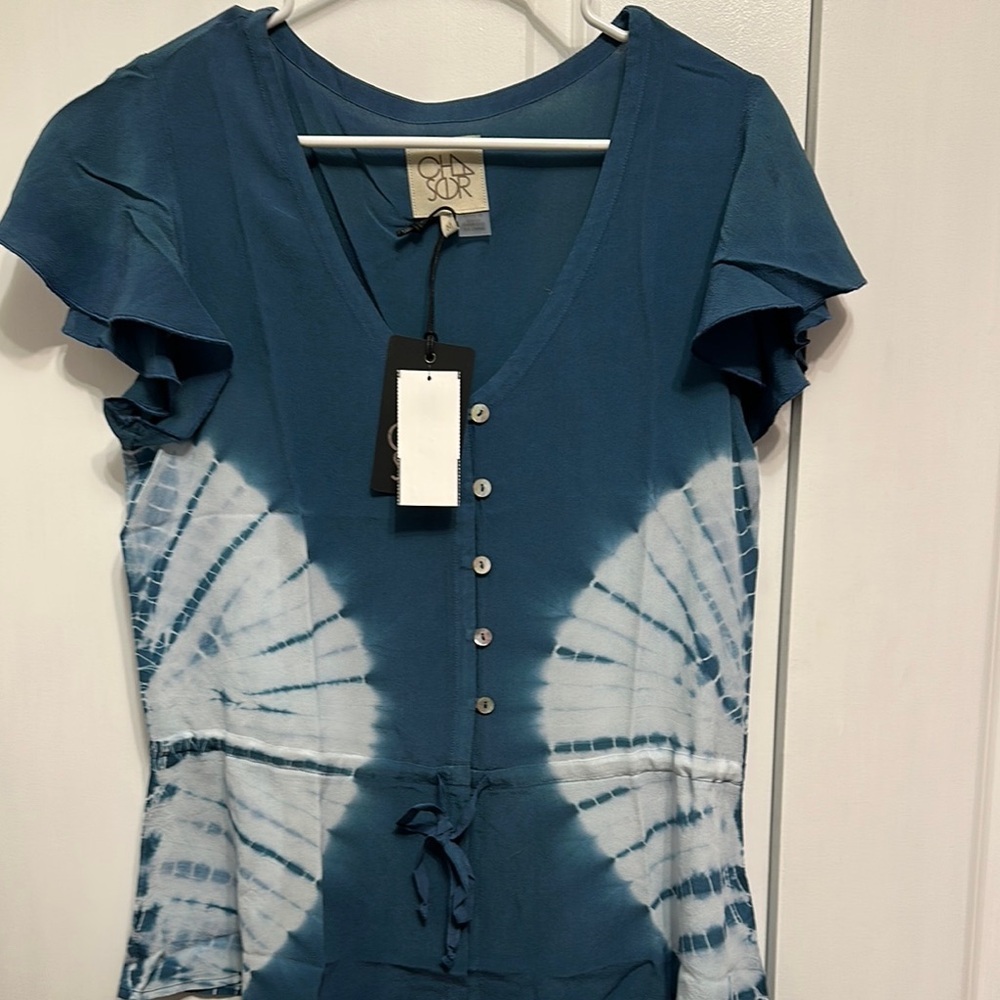 Chaser Flutter Sleeve Blue and White Blouse‎ with Tie Front